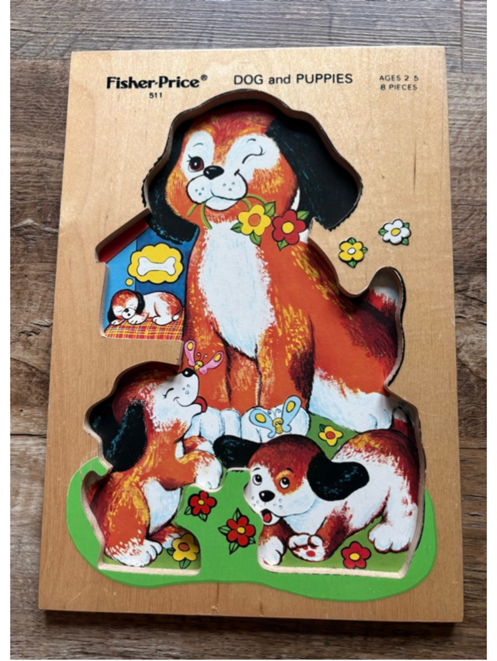 Vintage 70s Fisher-Price Dog and Puppies Wood Puzzle 511